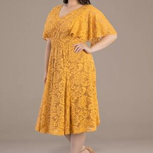 NWT Kiyonna Lace Midi Dress with Flutter Sleeves- Marigold